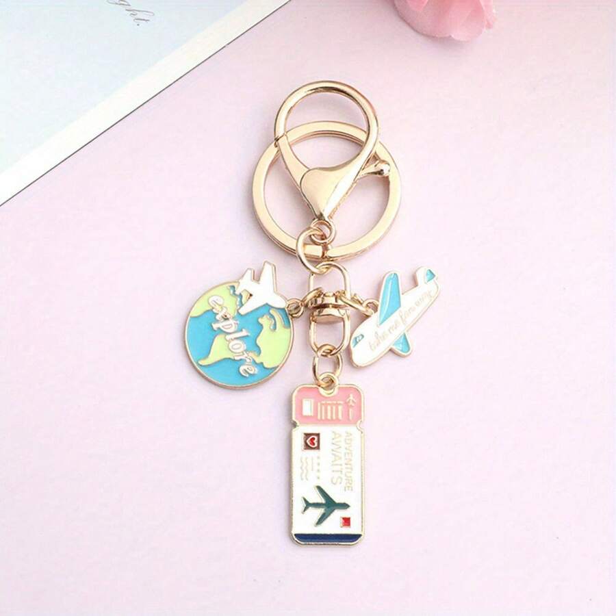 1 pieza Llavero de equipaje con lazo y avión, llavero bonito en forma de anillo para bolso, mochila, coche, regalo para niña o mujer - Rosa - Ver 1