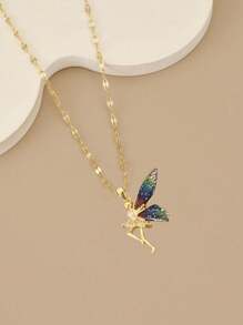 1pc Stainless Steel Fully Rhinestoned Angel Wings Luxury Necklace For Women