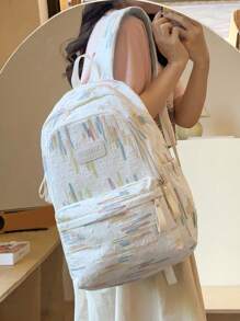 Mochila Funcional Feminina com Estampa Listrada em Cores Contrastantes, Grande Capacidade de Armazenamento para Livros, Tablets, Alças de Ombro Ajustáveis, Adequado para Estudantes, Viagens, Férias