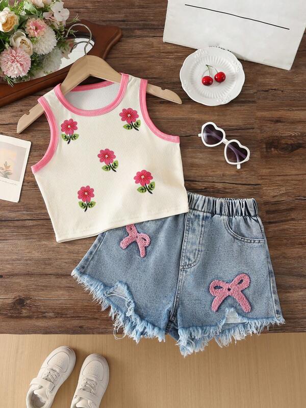 2pcs/Set Girls' Outdoor Casual Fashionable Street Style Cute Outfit, Floral All-Over Print Pink Collar Sleeveless Top Paired With Bowknot Classic Vintage Denim Effect Shorts Set, Suitable For Daily Commute, School, Social Gatherings