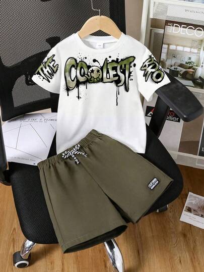 2pcs Young Boy Camo Bear Print Short Sleeve T-Shirt And Shorts Set