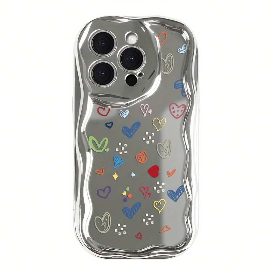 Caja del teléfono 1PC Nuevo teléfono de onda galvanizada, adecuado para toda la serie de 16/15/14/13/12/11/X/XS/Pro/Plus/, patrón de diseño hermoso y de moda - Plateado - Ver 1