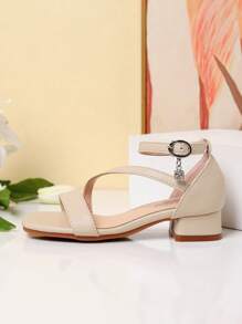 1 Pair Summer New Girls' Fashion Roman High Heel Sandals, Diagonal Strap Decor Personalized Elegant Dignified Elegant, Girls' High Heel Dance Shoes, Student Performance Daily Activity Sandals - Apricot - View 4