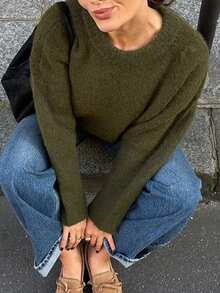 Live To Mo Fall Clothes For Women Olive Green Crew Neck Casual Long-Sleeve Knit Sweater - Loose Minimalist Old Money Style, Essential Pullover Top - Green - View 7