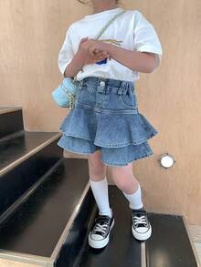 Little Girl's Denim Skirts Mini Flared Pleated Toddler Jean Skorts With Shorts Underneath - 藍色牛仔布 - 查看 5