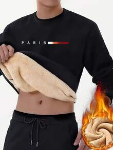 Men's Fashionable Casual Round Neck Warm Lining Sports Fitness Long Sleeve Top, Paris Letter Graphic Print Pullover Fleece Sweatshirt, Autumn/Winter Series, Suitable For Travel And Daily Wear