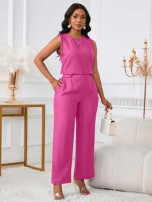2pcs Women Casual Elegance Sleeveless Tank Top And Long Pants Set With Slant Pockets And Button Details Summer - Peach Pink - View 7