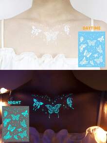 1 Sheets Large Size Blue Luminous Butterfly Tattoo Stickers For Women, Glow In The Dark, Waterproof Temporary Tattoo For Music Festival Party - Multicolor - View 5