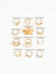 12pcs Exaggerated Flower, Baroque, Colored Rhinestone & Faux Pearl Rings Set, Suitable For Stacking & Multi Element Designs, 'Ins' Style For Women - Gold - View 5