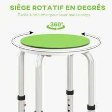 HOMCOM Tabouret de douche siège de douche tabouret de bain hauteur réglable 35,5-48,5 cm pivotant à 360° chaise de douche en aluminium et pied à caoutchouc TPR antidérapant max. 135 kg blanc et vert - Vert - Voir 6