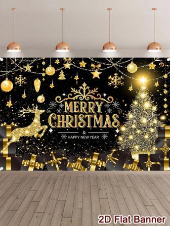 1 件优雅圣诞快乐和新年快乐横幅背景聚酯纤维黑色金色圣诞树麋鹿图案圣诞节背景装饰圣诞快乐家居装饰 2025 新年快乐 2026 装饰节日背景布装饰壁挂挂毯房间家居装饰 2D 平面节日场景节日装饰