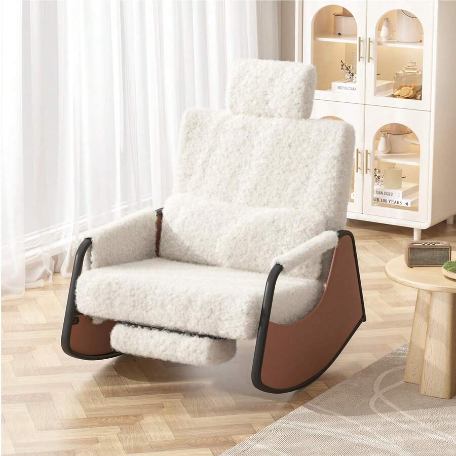 YODOLLA Rocking Nursing Chair With Footrest, Adjustable High Back Armchair For Adults, Comfy Glider Chair For Mum, Breastfeeding, Reading - Living Room & Bedroom - Teddy Fleece-white - View 1