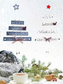 Décorations de Noël, Décorations intérieures de Noël, Pendentifs en bois pour intérieur/extérieur, Fêtes d'hiver à la maison, Petites plaques en bois avec décorations d'étoiles à cinq branches, Fournitures pour fête de Noël (blanc, gris)