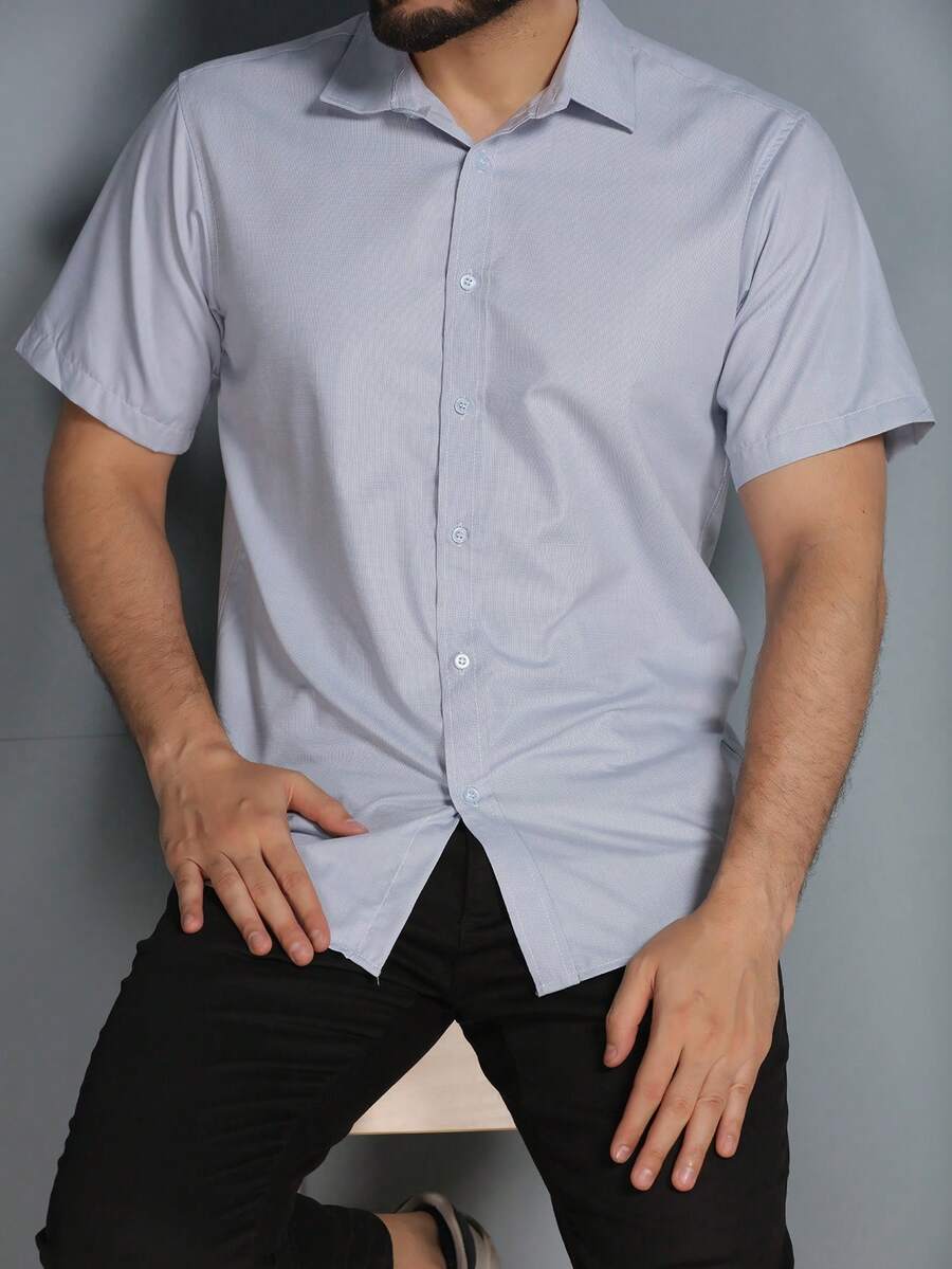 Men's Slim Fit Short Sleeve Dress Shirt With Pocket - Xám - Xem 1