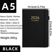 1pc A5 Thick 2026 New English Planner Notebook, 180 Sheets/360 Pages Thick Year Calendar, 365 Daily Plan Agenda Book For Daily Life, Office, School Use, Elastic Band A5 Diary