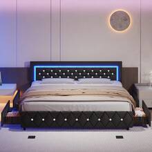 Twin/ Full/ Queen Bed Frame With Drawers, Upholstered Bed Frame With LED Lights, Modern Platform Bed Frame With Headboard And Footboard, Diamond Tufted Design, No Box Spring Needed, White/ Pink/ Black/ Purple/ Yellow (Twin Size 2 Drawers/ Other Size 4 Drawers) * Bed Frame Queen Bed Frame Bed Queen Bed Frame King Bed Frame Bedroom Furniture Bed Frame Full Full Size Bed Frame Twin Bed Frame Beds Cozy Bedroom Home Bedroom Refresh Room Decor Home Decor Christmas Decor Bedroom Decor Valentine Day Decor Storage Living Room Decor Furniture House Decor Halloween Decorations  ( USB LED Strip) - 黑色 - 查看 15