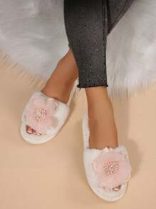 2025 New Floral Fluffy Slippers For Women, Flat Open Toe Non-Slip Indoor Outdoor Wear, Fur Slides With Chinese Style Bohemian Patch, Autumn/Winter