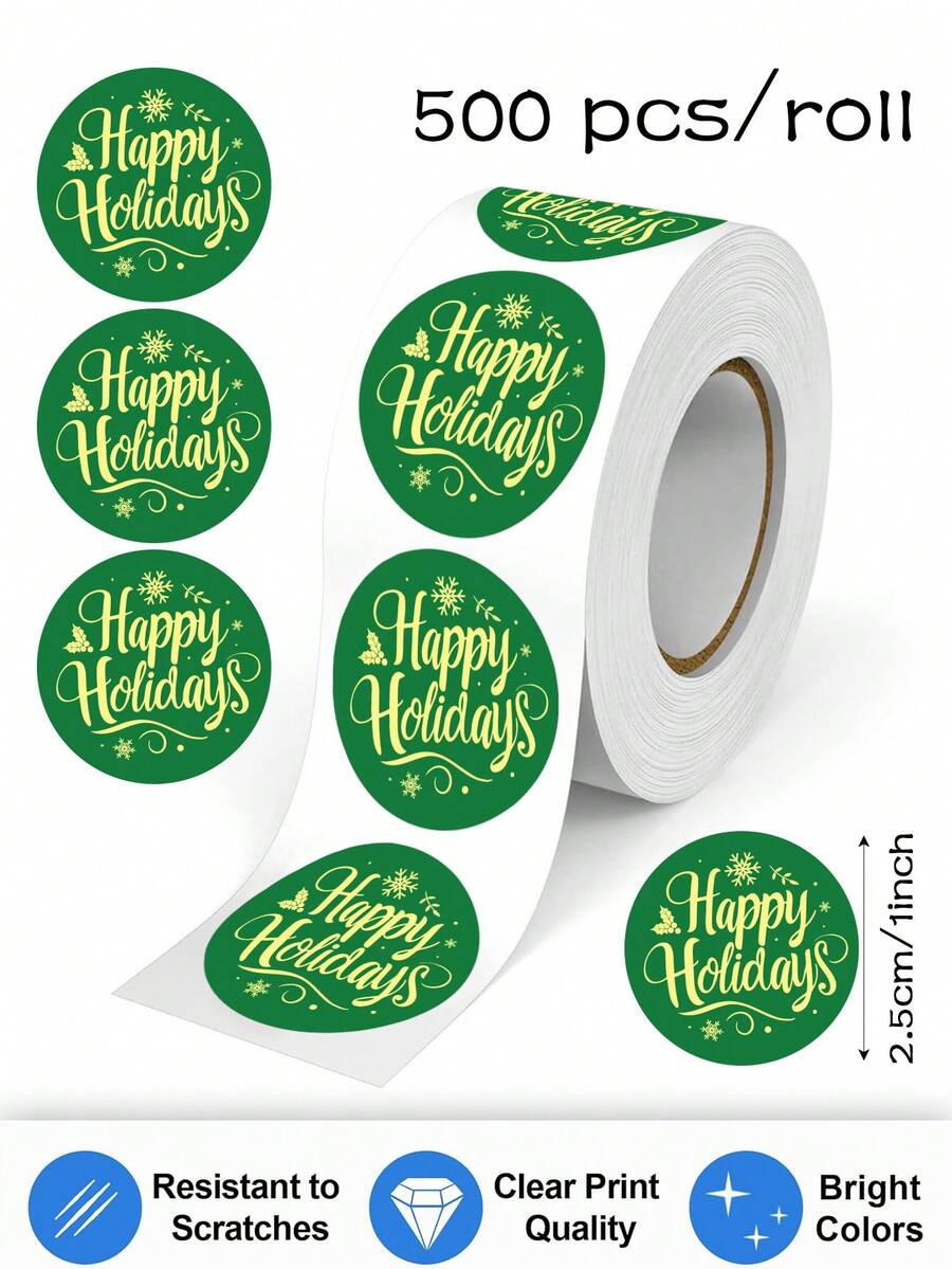 500pcs/Roll Happy Holiday Doodle Stickers, 1 Inch Round Self-Adhesive Green Lively Stickers Suitable For Graduation, Vacation, Halloween, Christmas, New Year And Other Daily, Festival, Party, Gift Packaging DIY Decoration Sealing, PVC Sticker - Green - View 1