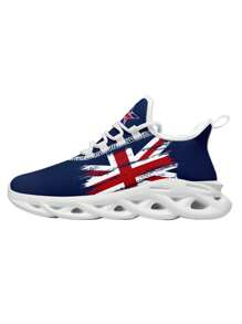 British Flag Print Men's Outdoor Running Shoes With Soft Mesh Upper, Shock-Absorbing Sole, Breathable & Lightweight, Durable For Plus Size