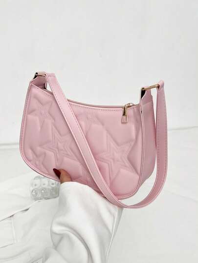 حقيبة كتف وردية اللون بنمط نجمي بسيط موضة 2025، حقيبة إبط كاجوال، حقيبة تسوق موحد اللون، مناسبة كهدية عيد الحب، للاستخدام اليومي، التسوق، المواعدة، مناسبة للفتيات الشابات وطلاب الجامعة والموظفين