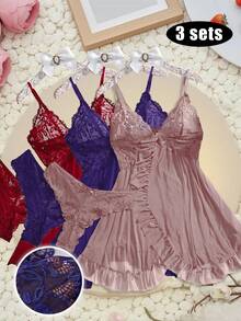 SOFUSEN 2 Piece Lace Lingerie For Women Sexy Open Front Ruffle Sheer Mesh V Neck Nightwear Sexy Chemise Nightie Mesh Sleepwear Floral Hem Sleepshirt  Lace Lingerie Dress With Thong - 卡其紫色紅色 - 查看 1