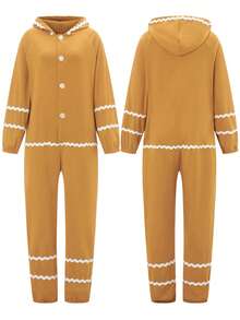 Adult Women Gingerbread Man Costume Long Sleeve Hooded Patchwork Christmas Jumpsuit Cosplay Costume