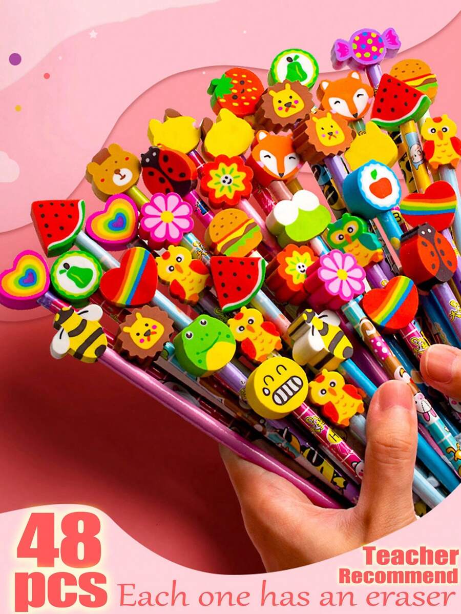 48pcs Cartoon Character HB Pencils With Cute Erasers, School Supply Set, Includes Random Mixed Cartoon Pencils With Adorable Erasers, Suitable For Back To School Students And Kids, Back To School Gift Set, Back To School Supplies (12pcs/24pcs/48pcs)