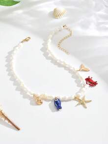 1 件优雅时尚女士夏季海洋元素波西米亚珠宝项链，金海星，小鱼，贝壳，海螺，人造珍珠镶嵌，天然贝壳 DIY 串珠，红珊瑚，树脂吊坠，陶瓷彩绘小鱼，精致多层女士项链，适合海滩、派对佩戴。 - 彩色 - 查看 15
