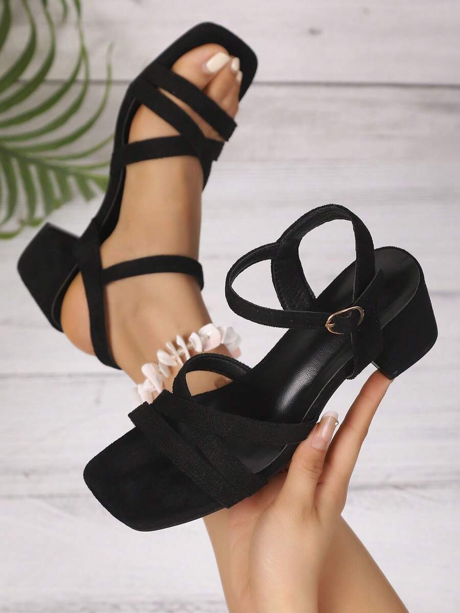 1 双时尚粗跟女式凉鞋，带露跟带，纯色露趾，简约时尚，绒面革包跟，欧美设计 - 交叉黑 - 查看 1