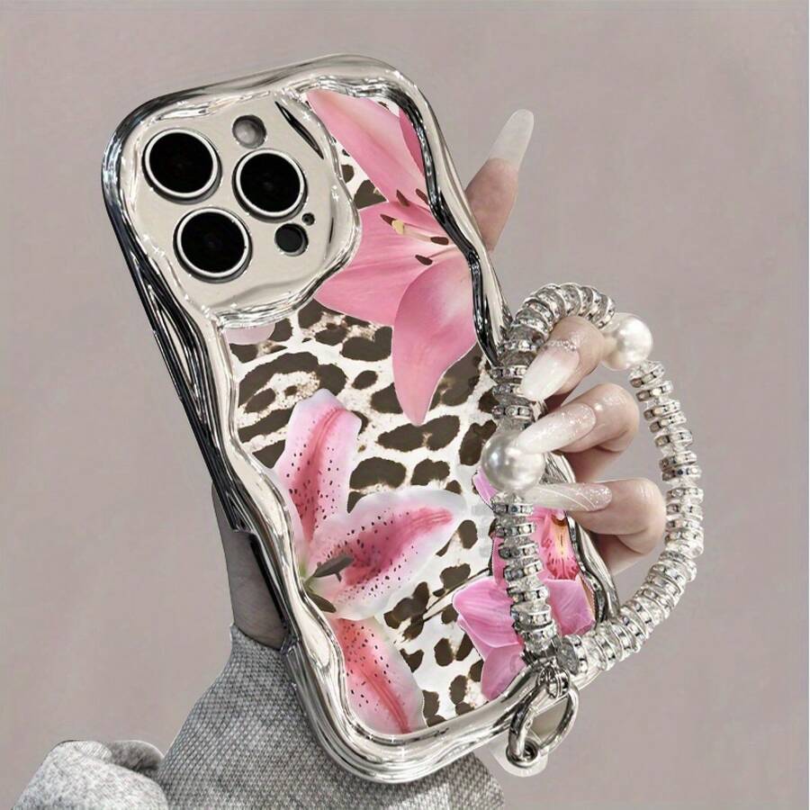 Funda para Teléfono 1PC Electrochapada Ondulada con Cadena Colgante de Perlas, Funda Protectora Anticaídas y Antigolpes, Accesorios de Moda Compatible con las Series 11, 12, 13, 14, 15, 73, Pro y Pro Plus - Moderna y De - Colores mixtos 2 - Ver 1