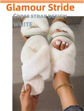 (Order One Size Up) White Criss-Cross Open Toe Fluffy Slippers, Women's House Slippers