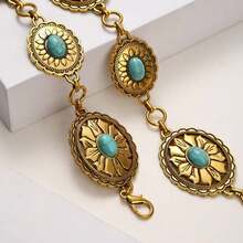 1 قطعة سلسلة/حزام خصر بشكل بيضاوي وبيضاوي صغير من الفضة والفيروز عصري