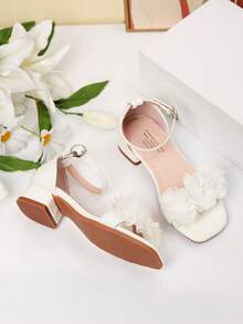 Summer Square Toe Square Heel Floral Decor Sandals, Girls High Heel Dance Shoes, Student Performance & Daily Activity Sandals - White - View 8