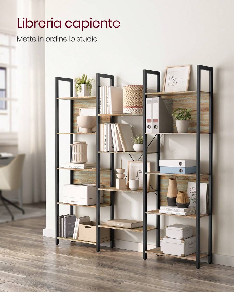 Libreria, Scaffale Portaoggetti, con 14 Ripiani, Struttura in Metallo, Soggiorno Studio Ufficio, Stile Industriale, 24 x 158 x 166 cm, Marrone Turchese e Nero Inchiostro - Cachi - Visualizzare 1