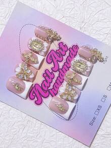 Bộ 10 móng giả hình miệng vịt thủ công, phong cách Y2K, bao gồm các màu nude, hồng, xanh lá cây, xanh dương nhuộm tie-dye với viền kiểu Pháp, được chạm khắc hoa, giọt nước, chấm bi, sọc cho phụ nữ và bé gái, phù hợp cho tiệc tùng, đám cưới, sử dụng hàng ngày, kèm theo bộ dụng cụ, có thể dùng làm quà tặng. Móng giả dán, dụng cụ làm móng, móng giả thủ công. - Vàng - Xem 5