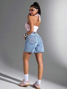 Jeanoix 女士夏季休闲蝴蝶结刺绣牛仔短裤 - 淺色水洗藍 - 查看 1