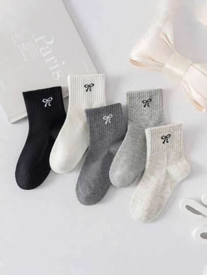 5 双儿童男女款蝴蝶结高弹力运动纯色中筒袜，秋冬款