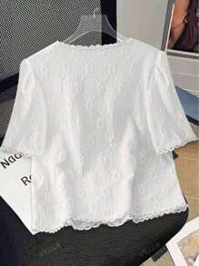 Plus Size Women Elegant White Simple Versatile Hollow Embroidery Puff Sleeve Blouse, Suitable For Daily, Date, Fashionable Commute, Work Uniform