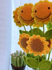 1pc & 5pcs Handmade Crochet Sunflower, Eternal Artificial Woven Sunflower, Knitted Lifelike Sunflower, Preserved Flower, Best Gift For Birthday, Wedding, Graduation, Father's Day, Mother's Day, Teacher's Day. Suitable For Home Decor In Restaurant, Living Room, Bedroom, Also Ideal For Holiday Gifts And Party Decoration. Optional Handbag Gift Packaging Available. - Orange - View 9