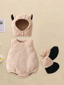 Baby Halloween Animal Outfits Plush Patchwork Sleeveless Round Neck Romper With Hat And Shoes 4Pcs Clothing Sets For Toddler Boys Girls Halloween Clothes - Khaki - View 2