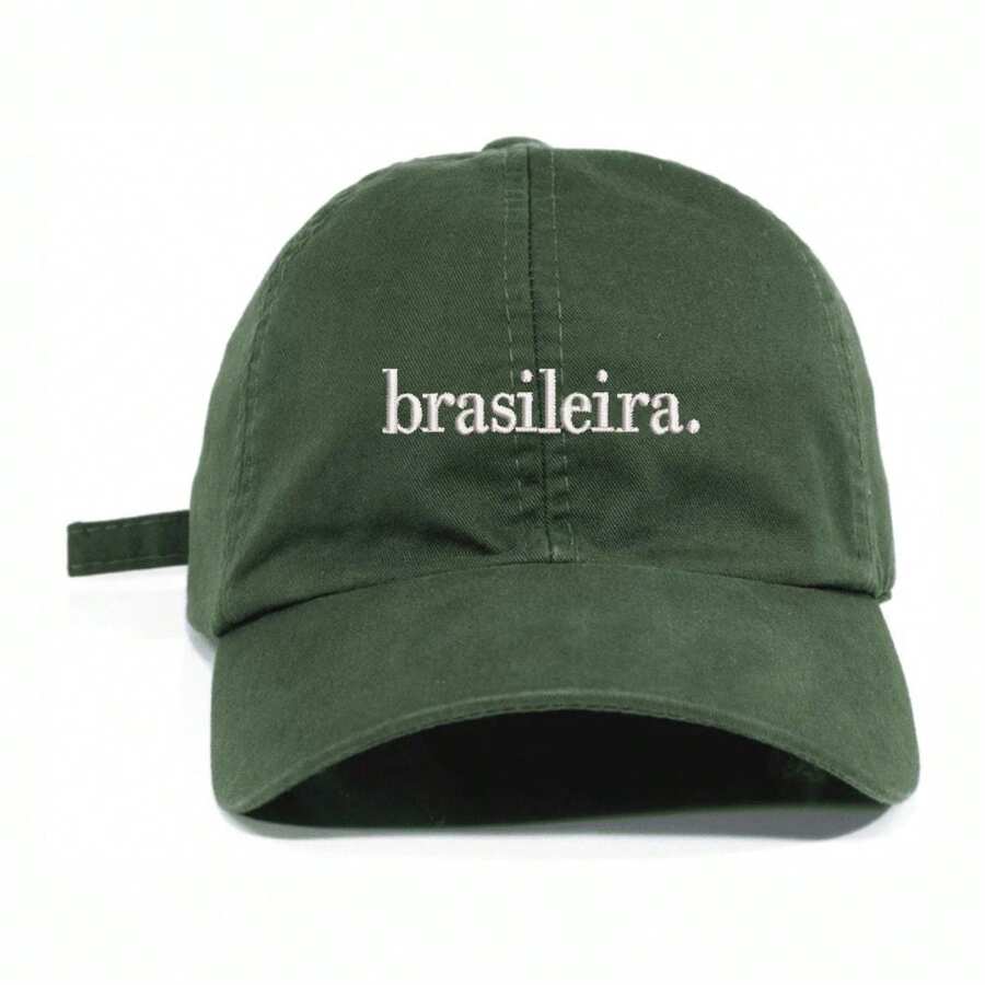 Unisex Dad Hat In 100% Cotton Twill, Brazilian Custom Curved Brim. - 軍綠色繡花白色 - 查看 1