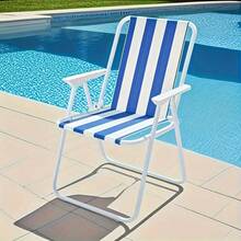Large Portable Folding Beach Chairs With Lightweight Steel Frame, Blue And White Striped, Foldable And Lightweight For Beach, Pool, Camping, Outdoor Relaxation, Poolside Furniture, Classic Striped Design, Solid Construction - Navy Blue - View 2