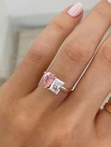 ESBERRY 1pc 925 Sterling Silver Personalized Fashion Irregular Zirconia Ring, Women's Jewelry, Exquisite Jewelry, Women's Dating Gift - Square Teardrop Pink Zirconium Ring - View 4