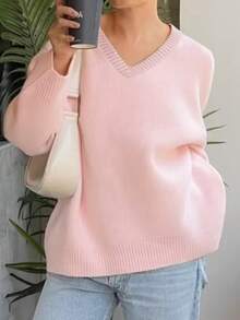 Live To Mo 女士冬季毛衣，女士休闲V领针织套头衫，粉色毛衣上衣，适合外出、约会、日常通勤、新年、圣诞节等场合穿着。