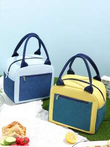 1 pieza Bolsa de almuerzo con capacidad grande y bloques de color para estudiantes - Diseño de tela Oxford portátil, revestimiento de aluminio grueso, fácil de llevar, mantiene la comida caliente y fría, adecuado para viajes al aire libre, estilos masculinos y femeninos, sin contacto con los alimentos, bolsa de almuerzo aislada, esencial para volver a la escuela