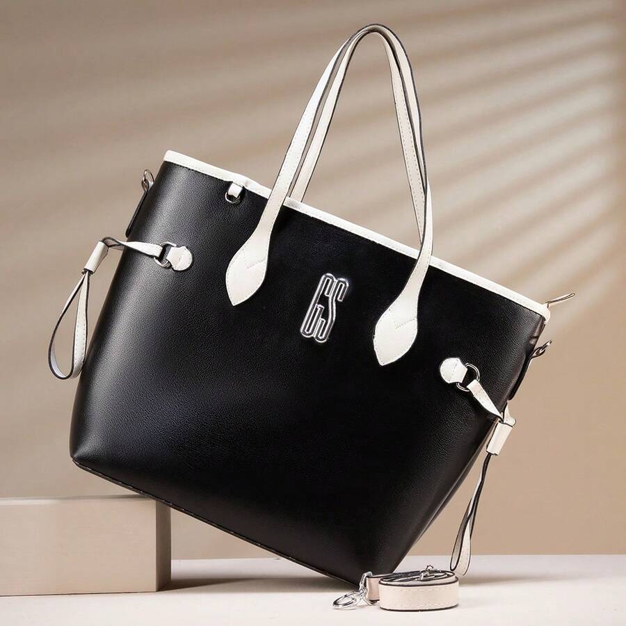 Gaby Show Women's Fashion Glomourous Bag Premium Line Chic Satin Lining + Coin Purse - 黑色/象牙色 - 查看 1