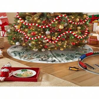 1pc, 48 Inch Vibrant Buffalo Plaid Snowflake Christmas Tree Skirt - Winter Holiday Tree Mat Decoration With Holly Ornament Baubles - Polyester Material, Festive Scene Decor, Room, Home, Office, Theme Party, And Christmas Decor Essential