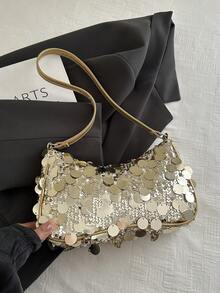新款时尚亮片单肩法棍包，适合聚会、外出、度假、购物和日常使用，可容纳硬币、手机，也可作为办公室女士、大学生和职业女性的优雅工作包