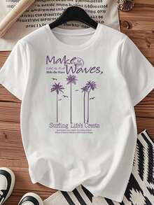 One piece shirts summer tops cotton  clothes women camisas de mujer lindas Tema de olas y palmerasT shirt negro blanca de algodón 180gpatrón estampado de olasimpresión de alta calidad en algodóncuello redondocorte básico holgado hombres y mujeres transpirable versátil lavable a máquina cómoda talla S ~ 3XL diario casual deportes imprescindible para el verano - Blanco - Ver 1