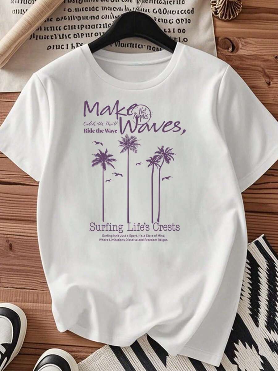 One piece shirts summer tops cotton  clothes women camisas de mujer lindas Tema de olas y palmerasT shirt negro blanca de algodón 180gpatrón estampado de olasimpresión de alta calidad en algodóncuello redondocorte básico holgado hombres y mujeres transpirable versátil lavable a máquina cómoda talla S ~ 3XL diario casual deportes imprescindible para el verano - Blanco - Ver 1